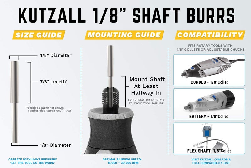 Kutzall Original Cylinder Rotary Burr, 1â„8" Shaft, Fine - Wood Carving Bit for Dremel, Foredom, DeWalt, Milwaukee. Abrasive Tungsten Carbide, 1â„8" (3.1mm) Dia. X 7â„8" (22.2mm) Length, C-18-EG - Image 3